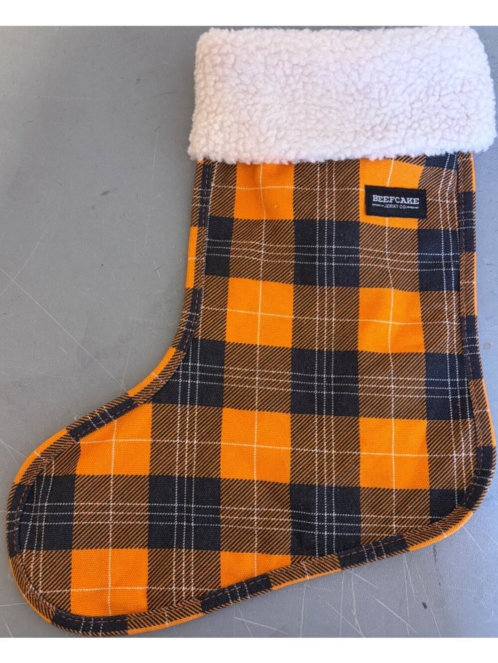 BEEFCAKE Jerky Christmas Stocking Buffalo Plaid Orange Black Men 15" Southwest
